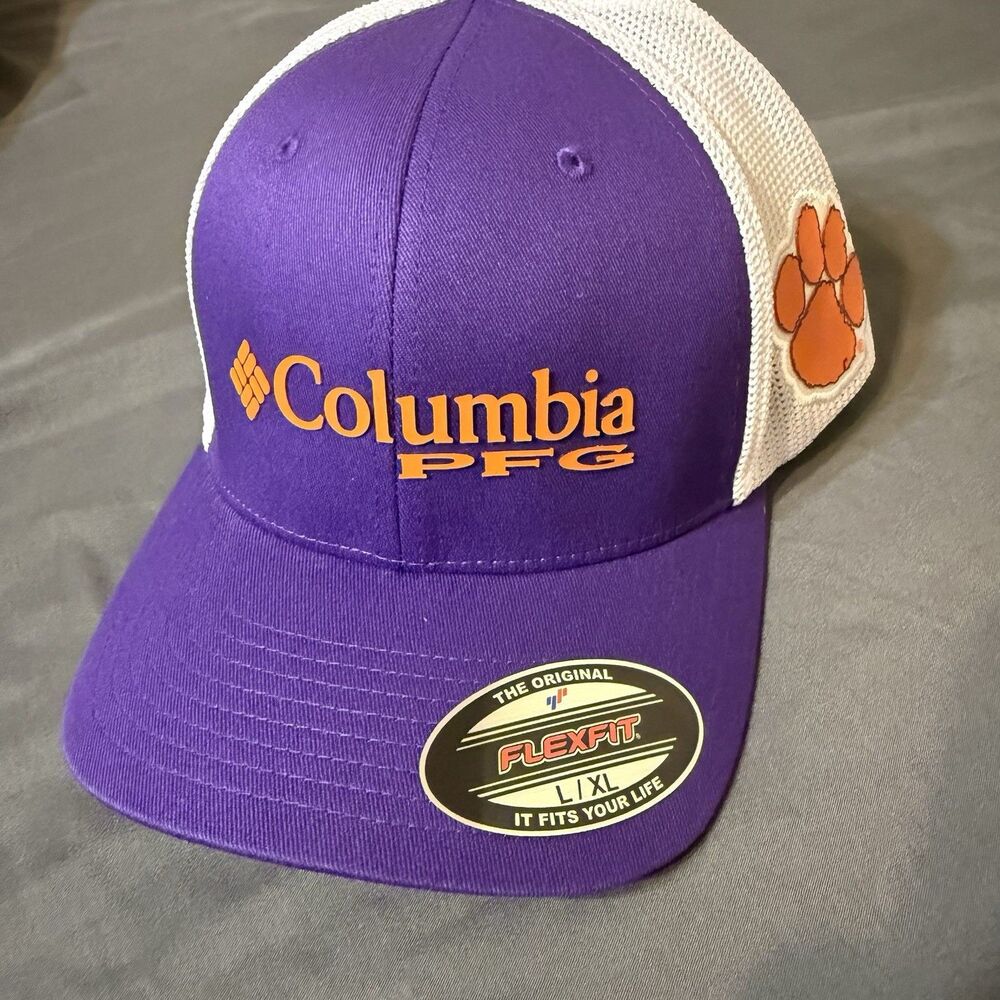 Columbia PFG Clemson Tigers Mesh Trucker Hat Purple White Flexfit L/XL New